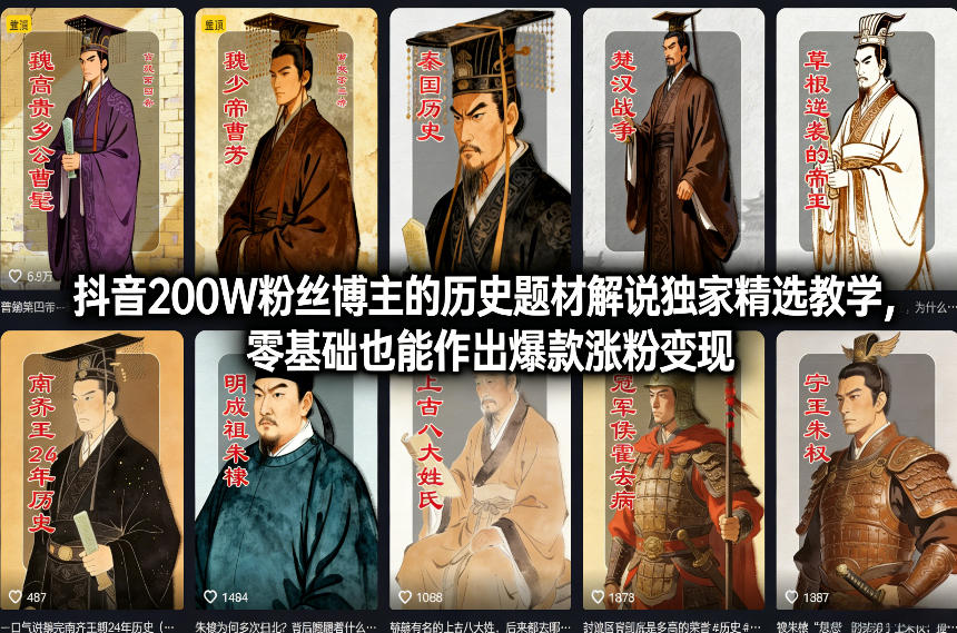 抖音200W粉丝博主的历史题材解说独家精选教学，零基础也能作出爆款涨粉变现-知识创作