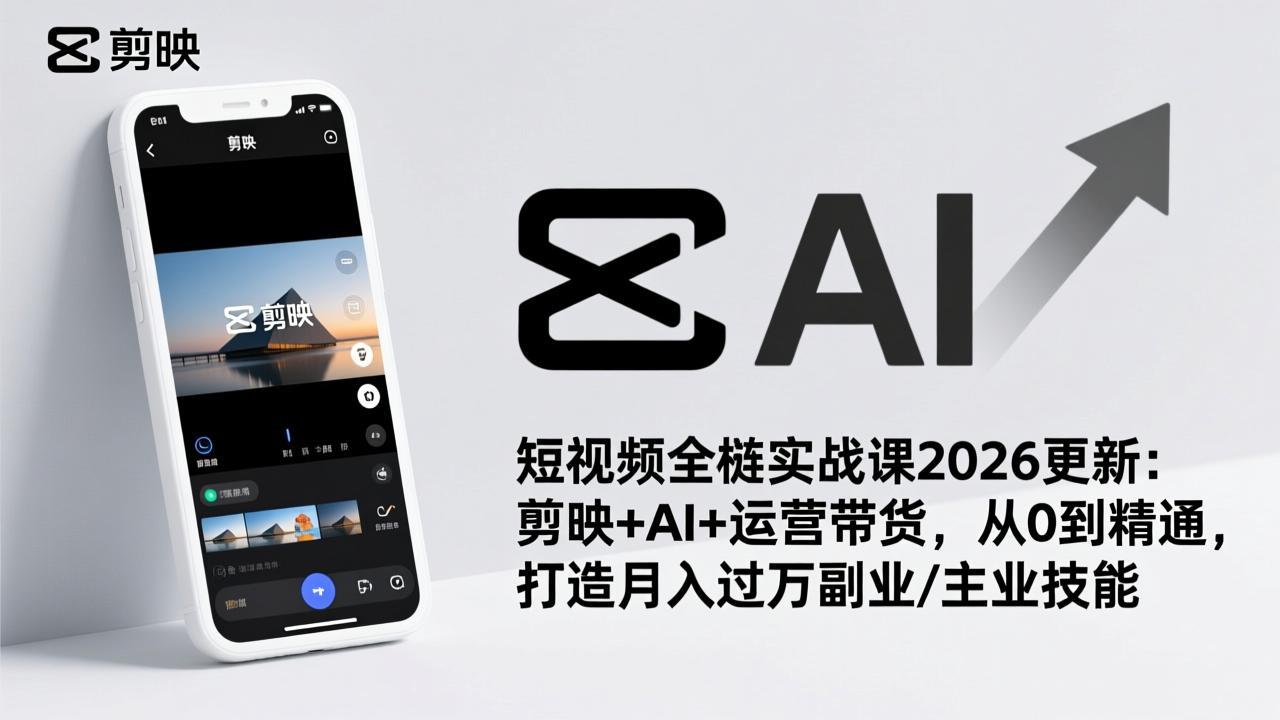 短视频全栈实战课2026更新：剪映+AI+运营带货，从0到精通，打造月入过万副业/主业技能-知识创作