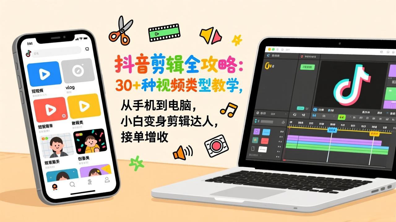 抖音剪辑全攻略：30+种视频类型教学，从手机到电脑，小白变身剪辑达人，接单增收-知识创作