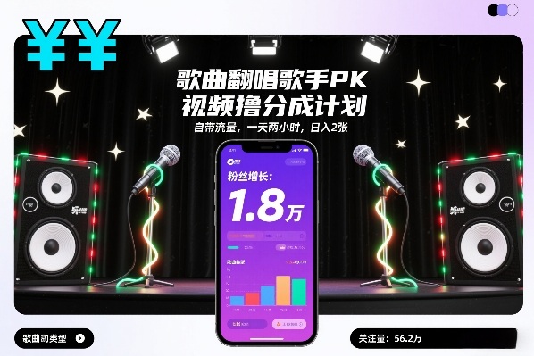 歌曲翻唱歌手PK视频撸分成计划，自带流量，一天两小时，日入2张-知识创作