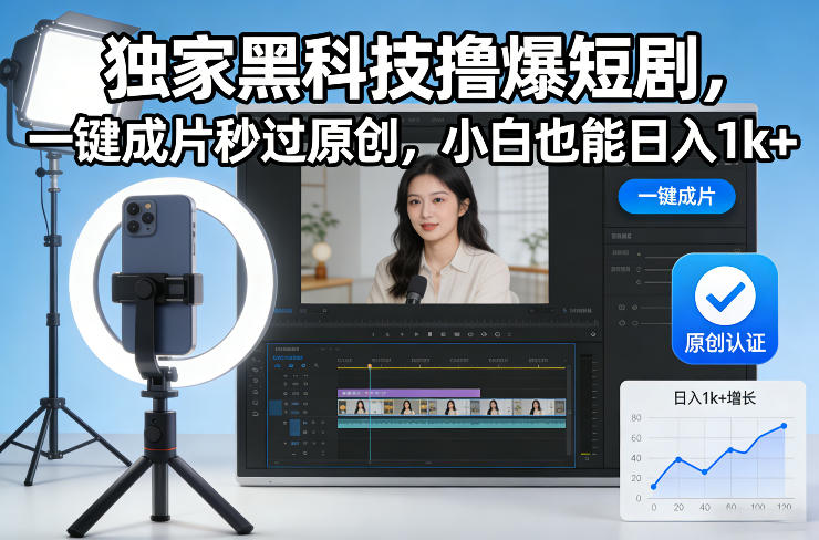 独家黑科技撸爆短剧，一键成片秒过原创，小白也能日入1k+【揭秘】-知识创作