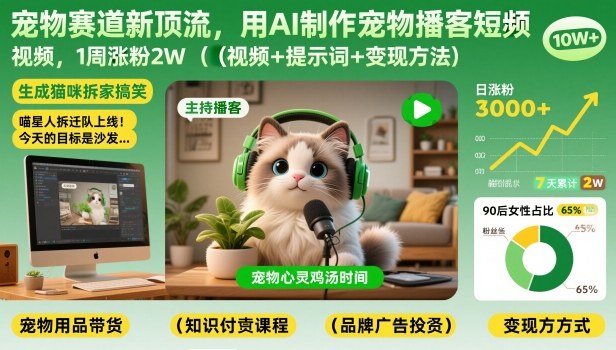 宠物赛道新顶流，用AI制作宠物播客短视频，1周涨粉2W(视频+提示词+变现方法)-知识创作