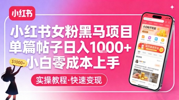 小红书女粉黑马项目，单篇帖子日入1k+，小白零成本上手-知识创作