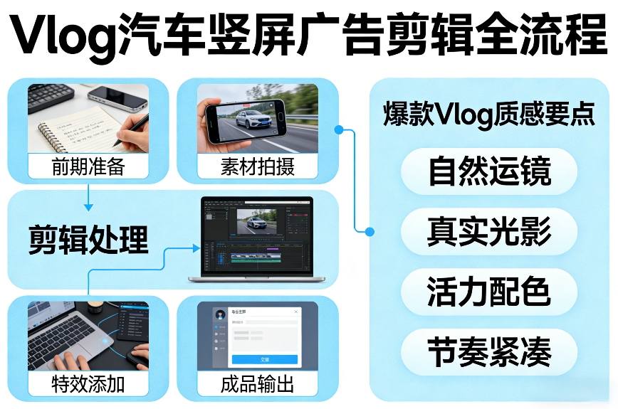 Vlog感觉汽车竖屏广告剪辑脚本全流程，拿捏爆款Vlog质感-知识创作